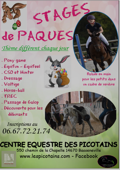 Centre équestre, Equitation, stages du débutant au confirmé.<br />
Activités diverses : CSO, Hunter, equifun, pony games, découverte de l'équitation, balade pour les babys etc..<br />
aux alentours de Cabourg, Houlgate, dives sur Mer, Home Varaville, Troarn, Dozulé